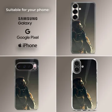 Gritty digital illustration of a tactical soldier smoking a cigarette on a dark, moody phone case — Collage