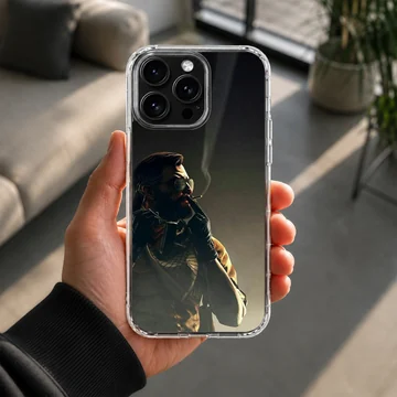 Gritty digital illustration of a tactical soldier smoking a cigarette on a dark, moody phone case — Lifestyle