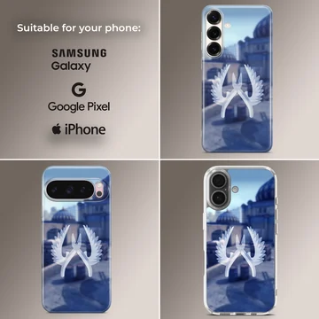 A soft TPU snap phone case showcasing a blue gaming background with a white winged pliers emblem — Collage