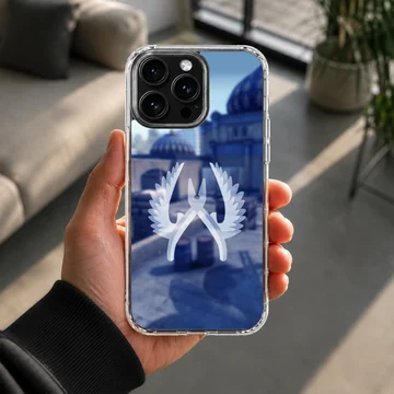 A soft TPU snap phone case showcasing a blue gaming background with a white winged pliers emblem — Lifestyle
