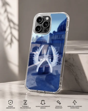 A soft TPU snap phone case showcasing a blue gaming background with a white winged pliers emblem — Specs