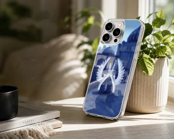 A soft TPU snap phone case showcasing a blue gaming background with a white winged pliers emblem — Lifestyle
