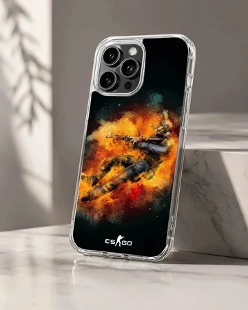 Vibrant tactical soldier explosion artwork on a black phone case