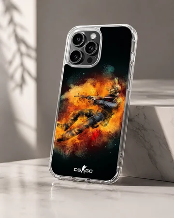 Vibrant tactical soldier explosion artwork on a black phone case — Hero