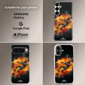 Vibrant tactical soldier explosion artwork on a black phone case — Collage