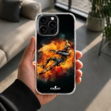 Vibrant tactical soldier explosion artwork on a black phone case — Lifestyle