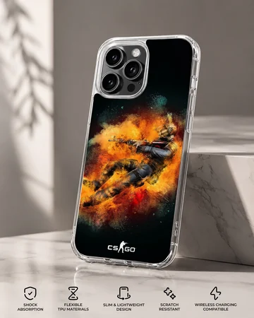 Vibrant tactical soldier explosion artwork on a black phone case — Specs