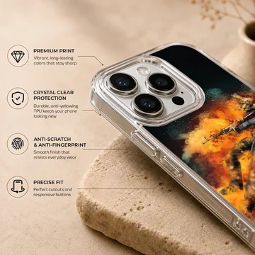 Vibrant tactical soldier explosion artwork on a black phone case — Info
