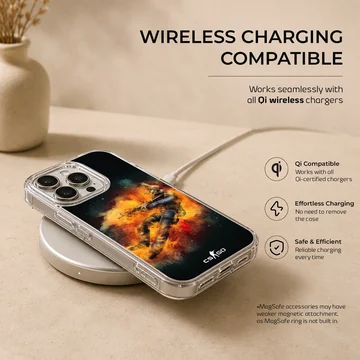 Vibrant tactical soldier explosion artwork on a black phone case — Charging