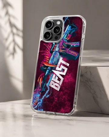 A gaming phone case featuring a neon monster rifle design with bold 'Hyper Beast' text against a purple background. — Hero