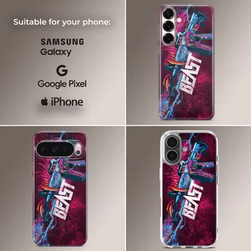 A gaming phone case featuring a neon monster rifle design with bold 'Hyper Beast' text against a purple background. — Collage
