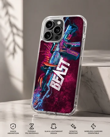 A gaming phone case featuring a neon monster rifle design with bold 'Hyper Beast' text against a purple background. — Specs