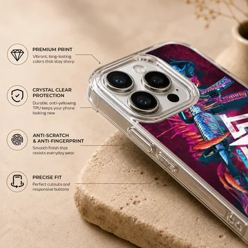 A gaming phone case featuring a neon monster rifle design with bold 'Hyper Beast' text against a purple background. — Info