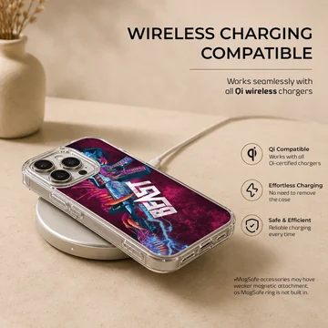 A gaming phone case featuring a neon monster rifle design with bold 'Hyper Beast' text against a purple background. — Charging