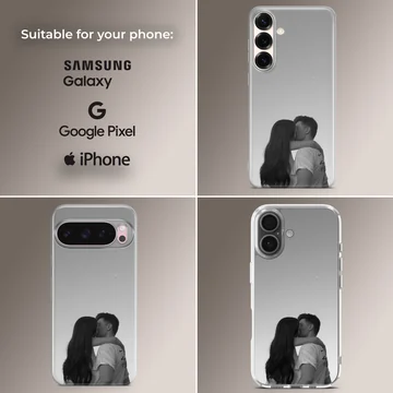 Black and white photograph of a young couple kissing against a minimalist gray background printed on a phone case — Collage