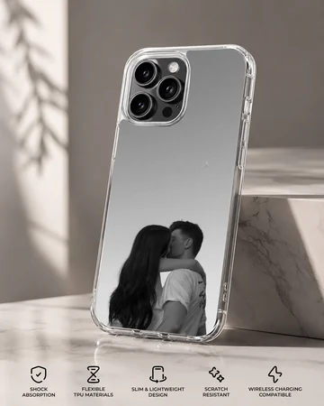 Black and white photograph of a young couple kissing against a minimalist gray background printed on a phone case — Specs