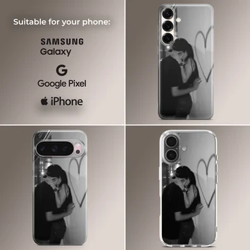 Black and white photographic design of an embracing couple next to a hand-drawn heart on a romantic phone case. — Collage