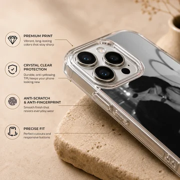 Black and white photographic design of an embracing couple next to a hand-drawn heart on a romantic phone case. — Info