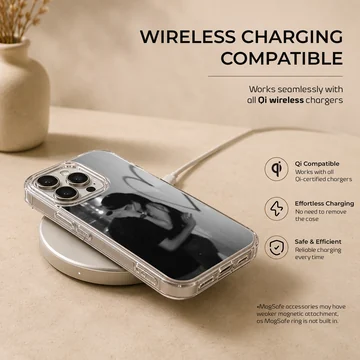 Black and white photographic design of an embracing couple next to a hand-drawn heart on a romantic phone case. — Charging
