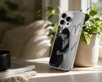 Black and white photographic design of an embracing couple next to a hand-drawn heart on a romantic phone case. — Lifestyle