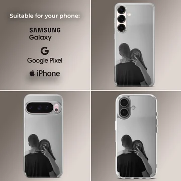 Black and white photographic art of a hugging couple taking a mirror selfie printed on a phone case — Collage