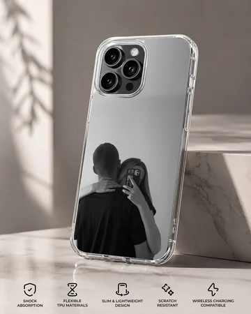 Black and white photographic art of a hugging couple taking a mirror selfie printed on a phone case — Specs