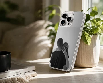 Black and white photographic art of a hugging couple taking a mirror selfie printed on a phone case — Lifestyle