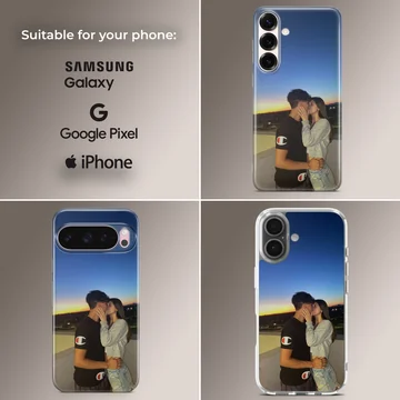 Photographic print of a young couple kissing against a vibrant sunset sky on a snap phone case. — Collage