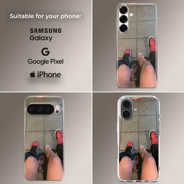 A top-down view of a couple standing together in red sneakers and clear high heels printed on a phone case — Collage