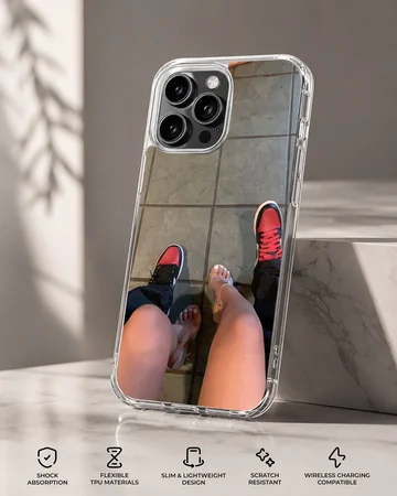 A top-down view of a couple standing together in red sneakers and clear high heels printed on a phone case — Specs