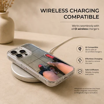 A top-down view of a couple standing together in red sneakers and clear high heels printed on a phone case — Charging