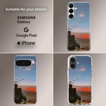 Silhouette of a couple sitting together watching a vibrant orange sunset on a romantic phone case. — Collage