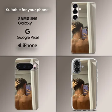 Photographic print of a couple taking an intimate mirror selfie, printed on a protective phone case — Collage