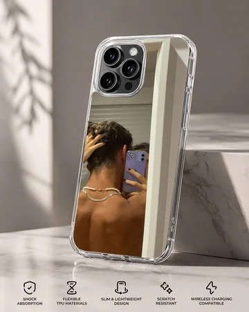 Photographic print of a couple taking an intimate mirror selfie, printed on a protective phone case — Specs