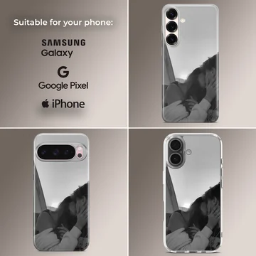 Black and white photograph of an intimate couple kissing printed on a phone case — Collage