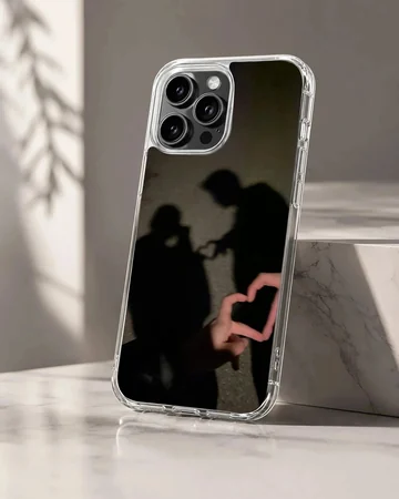 A photographic print of a couple's shadow forming a heart shape, featured on a matte phone case.