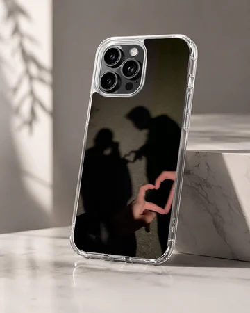 A photographic print of a couple's shadow forming a heart shape, featured on a matte phone case. — Hero