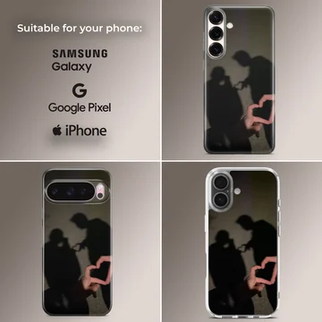 A photographic print of a couple's shadow forming a heart shape, featured on a matte phone case. — Collage