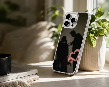 A photographic print of a couple's shadow forming a heart shape, featured on a matte phone case. — Lifestyle