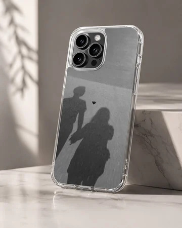 Shadow silhouette of a couple holding hands with a small floating heart, printed on a matte monochrome phone case. — Hero