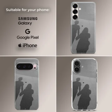 Shadow silhouette of a couple holding hands with a small floating heart, printed on a matte monochrome phone case. — Collage