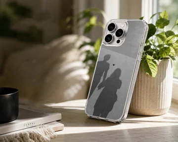 Shadow silhouette of a couple holding hands with a small floating heart, printed on a matte monochrome phone case. — Lifestyle