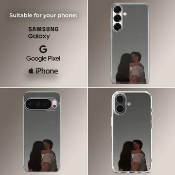 A tender photographic print of a kissing couple embracing against a moody gray sky printed on a protective phone case. — Collage