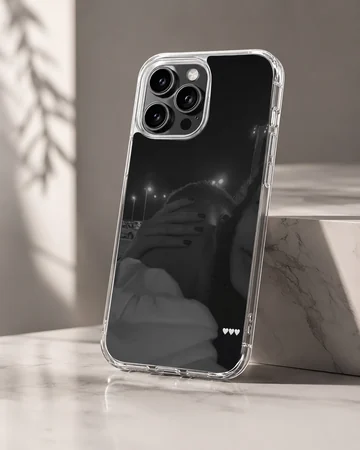 Black and white photographic print of a couple embracing at night with three small white hearts on a phone case. — Hero
