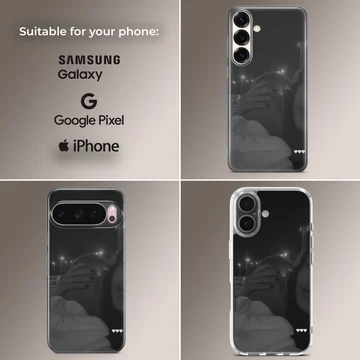 Black and white photographic print of a couple embracing at night with three small white hearts on a phone case. — Collage
