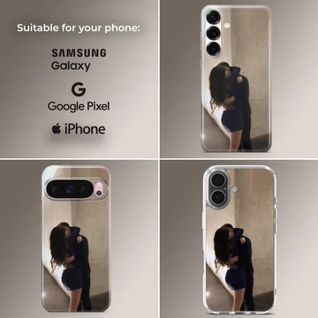 Photographic print of a couple embracing intimately against a warm neutral wall on a protective phone case. — Collage