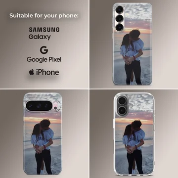 Photographic print of a young couple kissing on a beach at sunset, featured on a matte-finish phone case — Collage