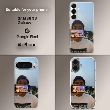 A photographic print of a couple showing a picture-in-picture phone screen selfie on a soft TPU snap phone case — Collage