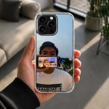 A photographic print of a couple showing a picture-in-picture phone screen selfie on a soft TPU snap phone case — Lifestyle