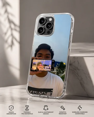 A photographic print of a couple showing a picture-in-picture phone screen selfie on a soft TPU snap phone case — Specs